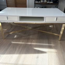 Glossy White w/ gold legs accent / coffee table w/ 2 drawers