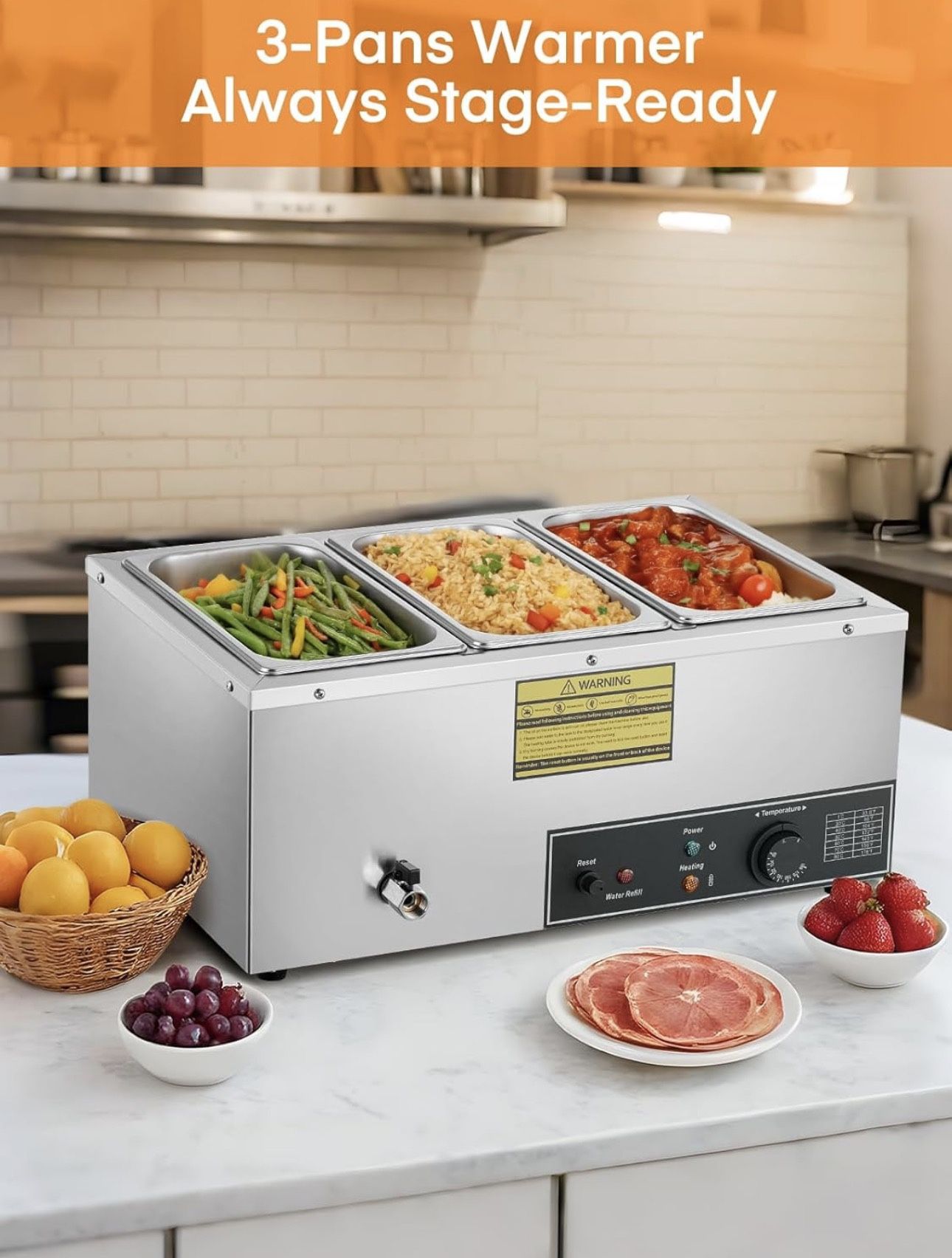 Food Warmer 1500W, Food Warmer Stainless Steel with 3×5QT Pan, Food Warmers for Parties Buffet with Temp Control, Lid&Tap, Steam Table Food Warmer for
