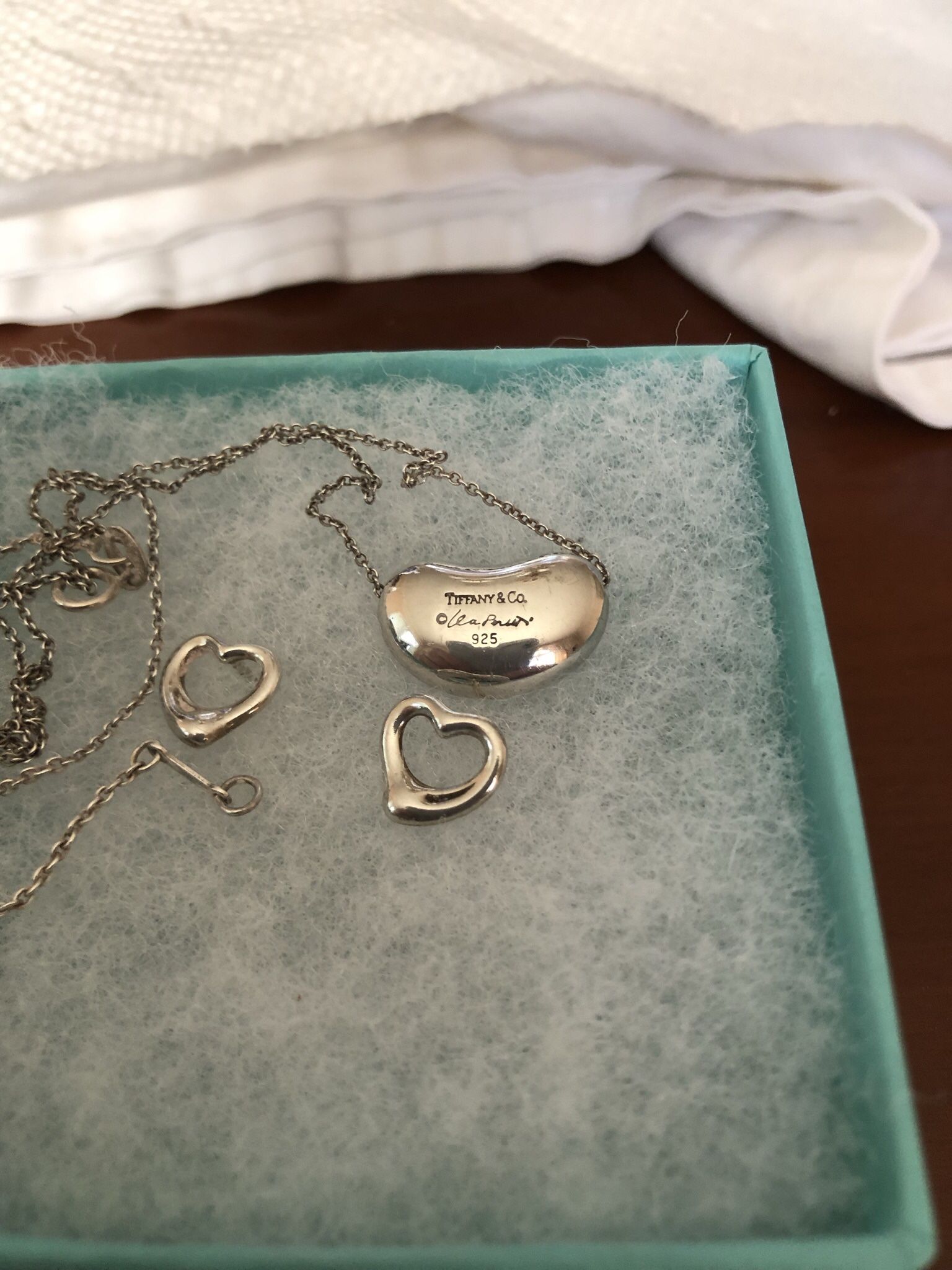Both Sterling Silver Tiffany Open Heart Earrings & Bean Necklace 