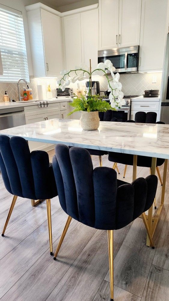 5 Piece Dining Set - White Marble Top With Gold Legs