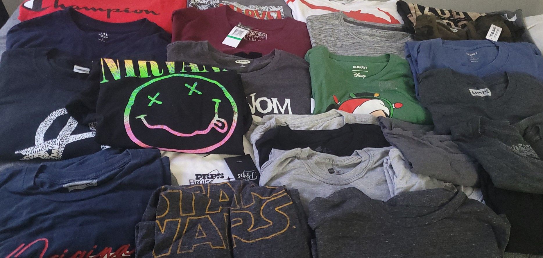 24 LARGE T-SHIRTS, 1 LARGE LONG-SLEEVE SHIRT, LIKE NEW!