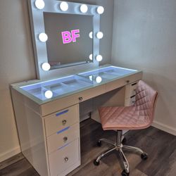 Vanity Desk And Mirror White High Gloss Finish, LED Light, New Especial Price