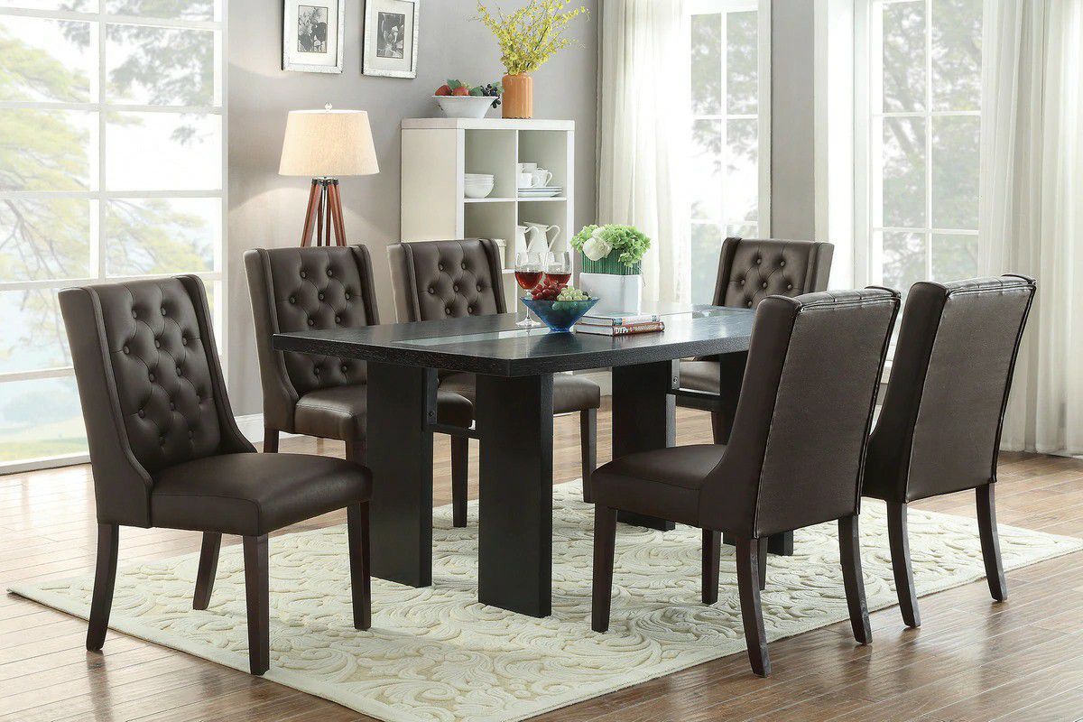 ESPRESSO UPHOLSTERED PARSON DINING CHAIRS 7 PIECE DINING TABLE SET