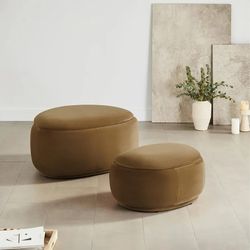 Round Ottoman in Velvet with Storage Large Size Coffee Table Boucle for Living Room,Set of 2,Brown