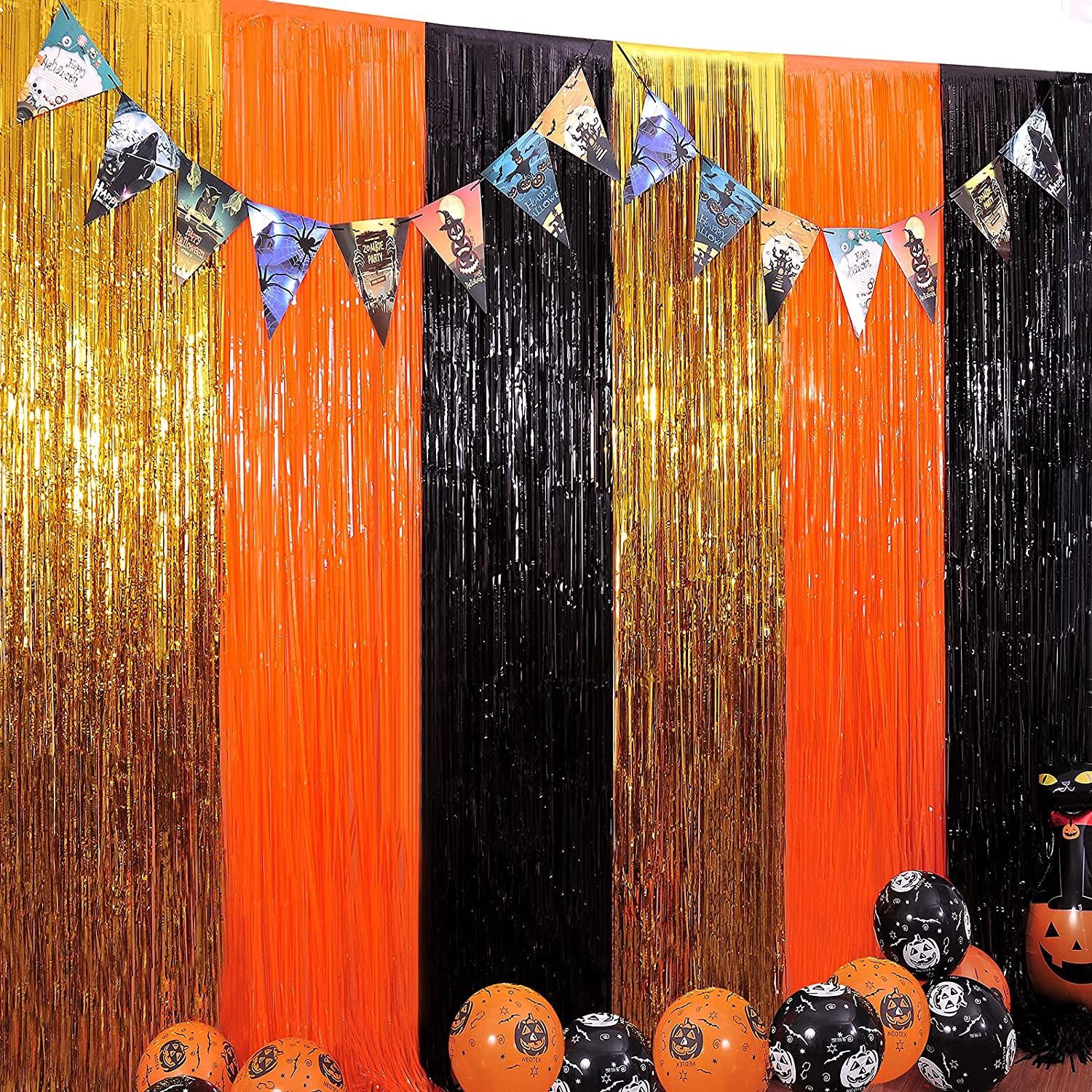 3 Packs Halloween Tinsel Foil Fringe Curtains Black Orange Gold with 8 Pcs Pull Flag Halloween Theme Party Supplies for Halloween Party Photo Backdrop