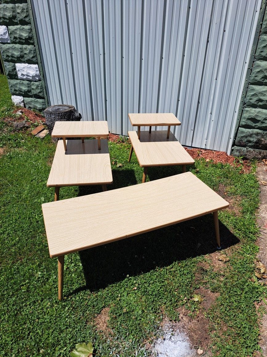 Mid Century Modern Blonde  Formica Table Set. 2 Side Tables & 1 Coffee Table