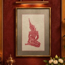 Red THAI THAILAND Vintage Mid-Century Modern Rubbing Original Reliefs MCM FRAMED Wat Phra Chetuphon BANGKOK Ancient Ramakien Ramayana HILLCREST