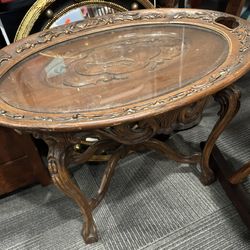 Beautiful antique wood side table with glass removable tray top 