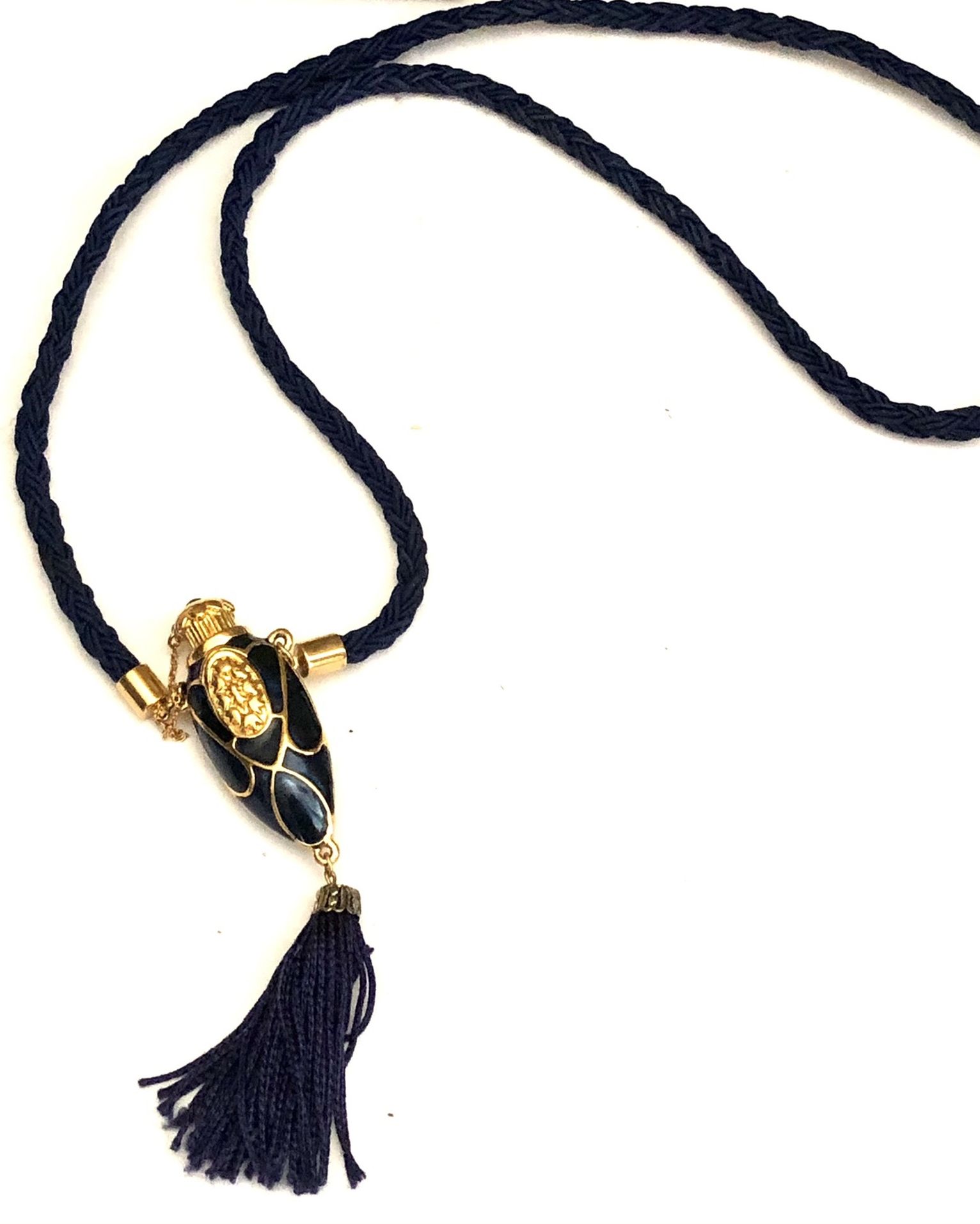 Enamel Perfume Bottle Necklace 28”