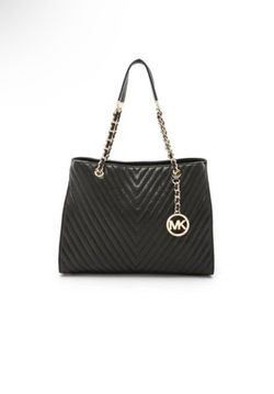 New Michael Kors Quilted Leather Black Large Tote With Gold-Tone Hardware and Chain-Link Shoulder Straps