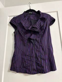 Express Purple and Black Striped Ruffle Cap-Sleeve Blouse