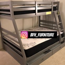 Twin/Full Gray Bunk bed w. Drawers & Ortho Mattresses Included