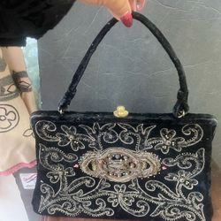 Antique Black Velvet Tapestry Purse Bag 