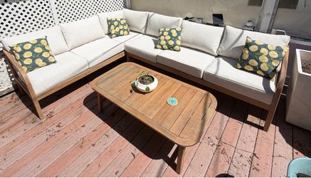 Wood Outdoor Sectional with Almond Cushions- Hampton Bay