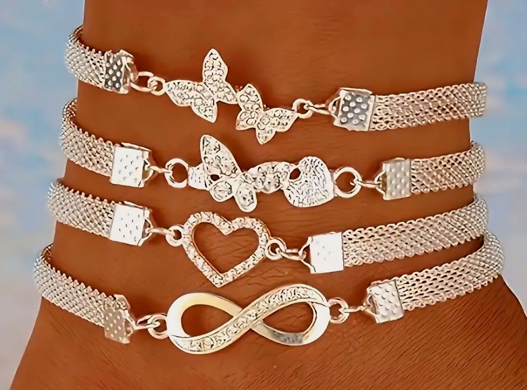 SHINY SILVER 1 SIZE 4PC. ANKLET SET MIX N MATCH RARE FIND