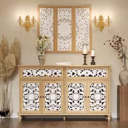 Natural and White Wood Buffet Sideboard with 2-Drawers, Carved Doors, Vintage Accent Cabinet with Wall Art Decor