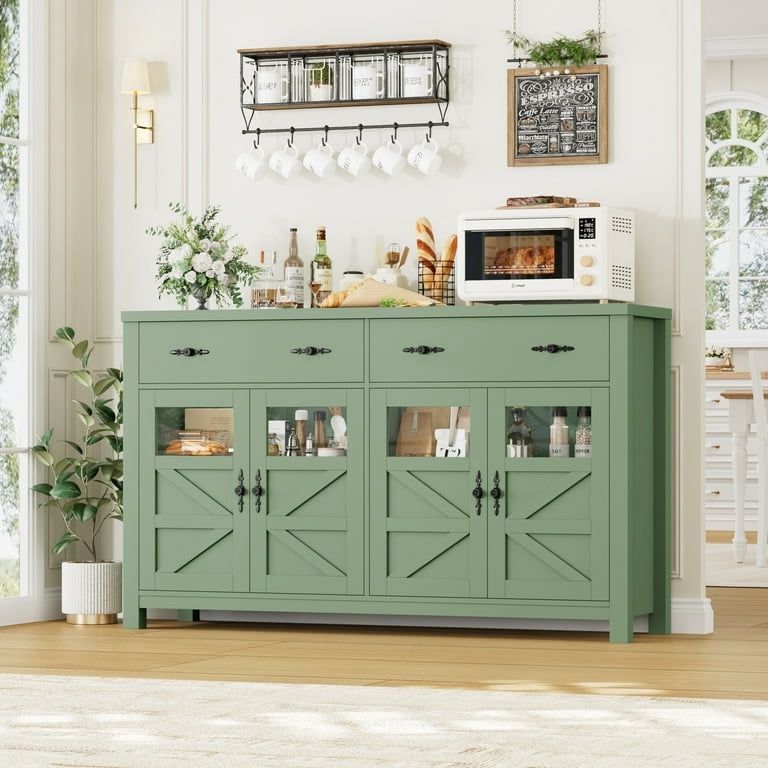 Farmhouse 55.1"W Kitchen Buffet Cabinet with Storage Drawer & Adjustable Shelf, Glass Door Wood Sideboard Credenza Coffee Bar with for Dining Room Liv