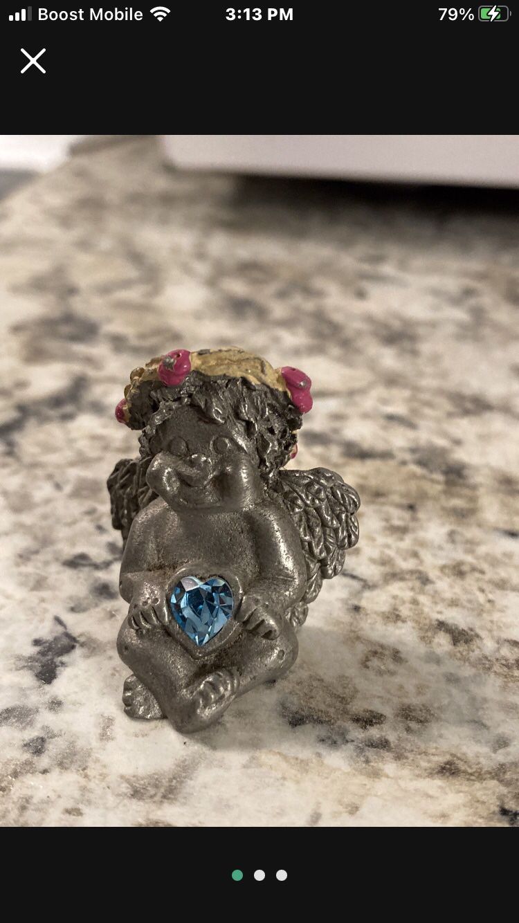Pewter Cherub With Aquamarine Heart Shape Stone