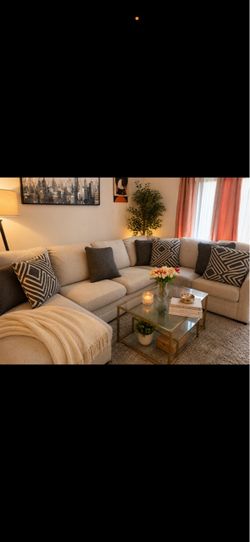 Gray Sectional Sofa with Glass Coffee Table