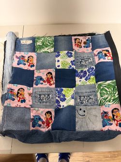 Unfinished needs straps Lilo and Stitch quilt XL 17”x18” denim bag with patches featuring cartoon characters and tropical designs #liloandstitch #trop