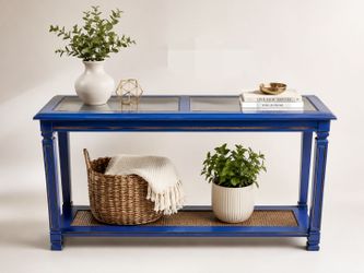 Blue Distressed Wood Console Table with Glass Top