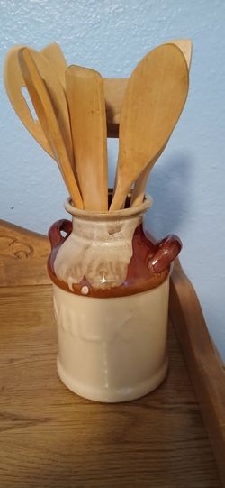 BRAND NEW STONEWARE MILK CROCK WITH UTENSILS