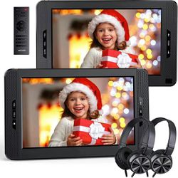 Portable DVD Players for Car, 10.1'' Dual Screen DVD Player with 2 Headrest Mounts, 2 Headphones, Dual Stereo Speakers, 5-Hour Rechargeable Batter