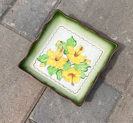 Vintage California Pottery Yellow Hibiscus Square Dish, Hand Painted Wall Plaque