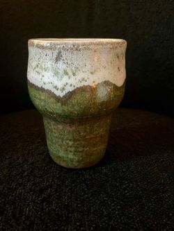 Vintage Signed Studio Art Pottery Tall Tumbler Mug – 5" Earthy Green Drip Glaze