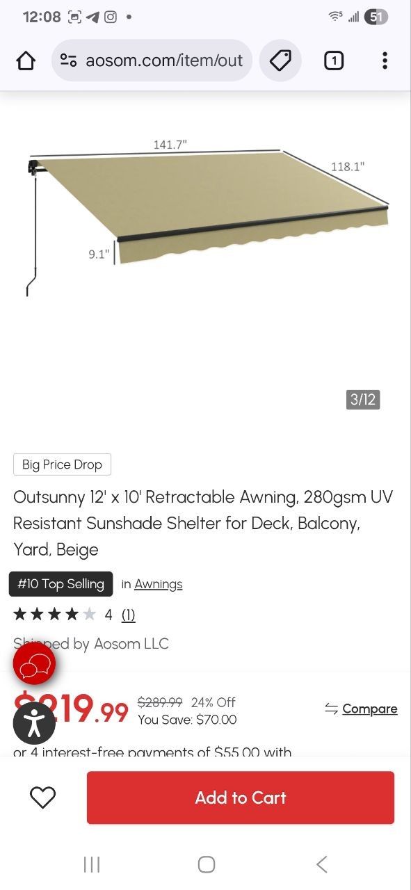 12'x10' retractable Awning