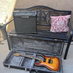 Schecter diamond edition  orange sunburst stratocaster, Line 6 amp with connecting cord, guitar case