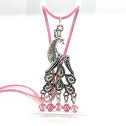 Designer Peacock Pendant- Oxidized Metal- Pink Swarovski Crystals