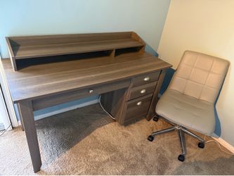 Gray Wood Tiered Desk w/ 3 Drawers and Cushion Swivel Chair