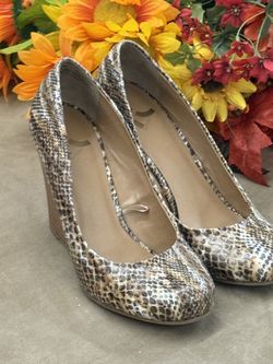 Report Women’s Wedge Heel with a Faux Snakeskin pattern and Striped Stacked-Wood Heel