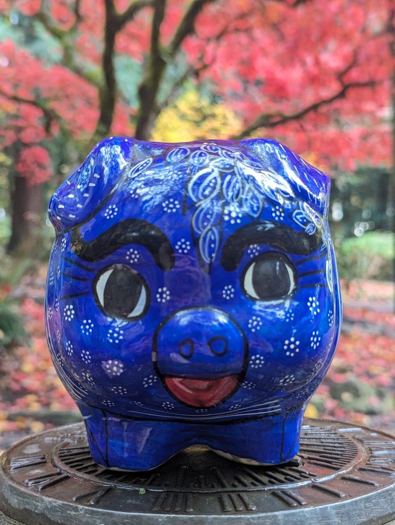 Vintage Talavera Mexican pottery vibrant hand painted piggy bank