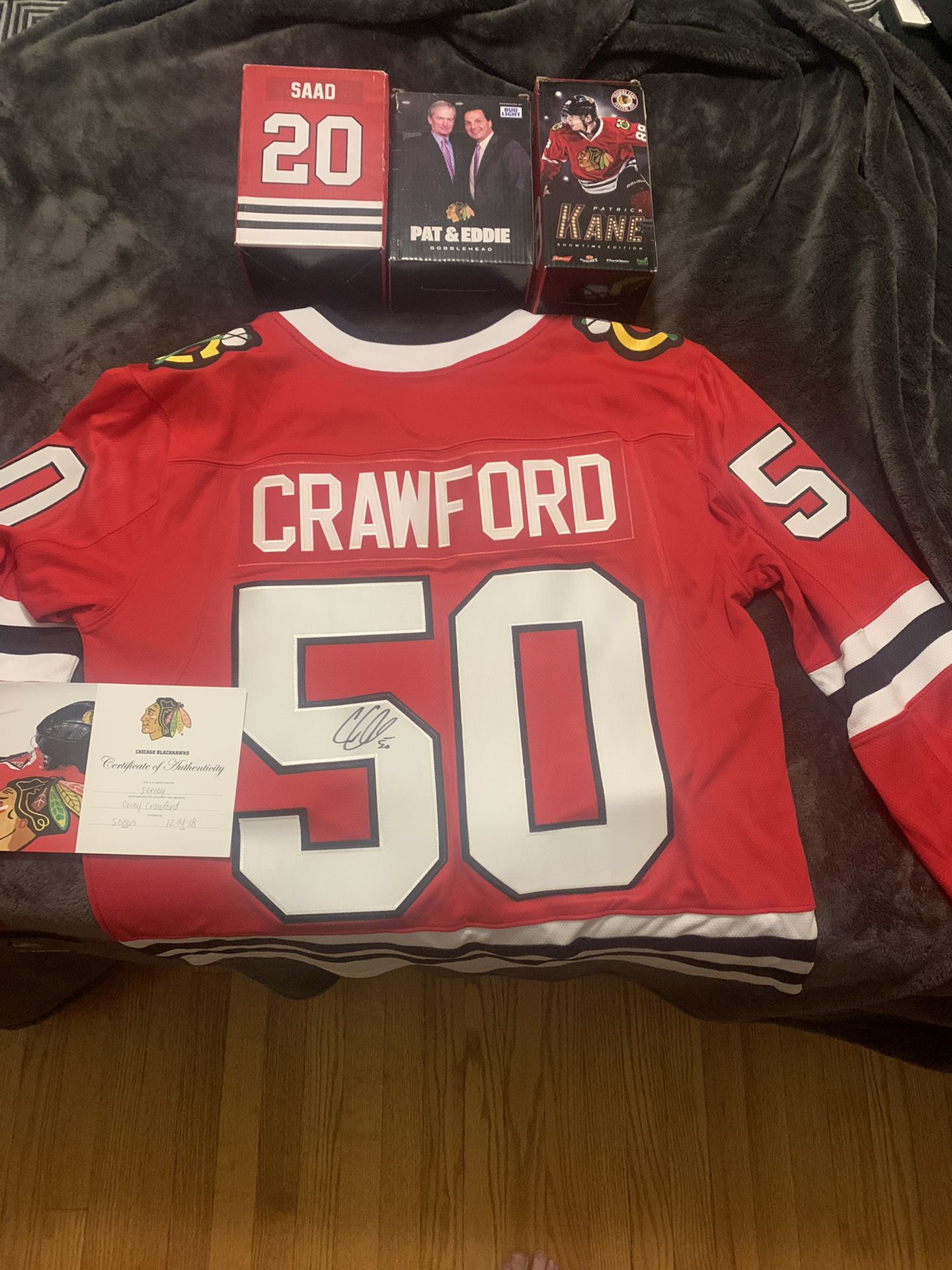 FINAL MUST GO TODAY PRICE!!  $125 Autographed Crawford Jersey and bobble Heads 