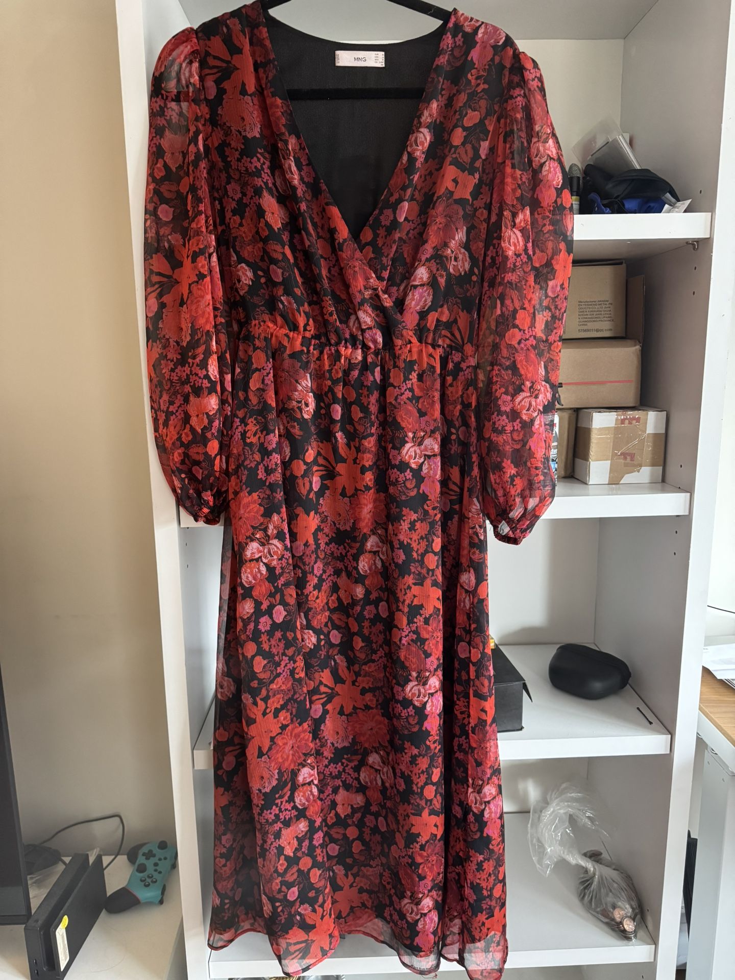 Mango Floral Red Maxi Dress Long Sleeve Sz M