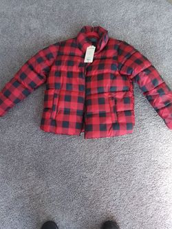 Black Houndstooth and Red Buffalo Plaid Puffer Jacket with Tags