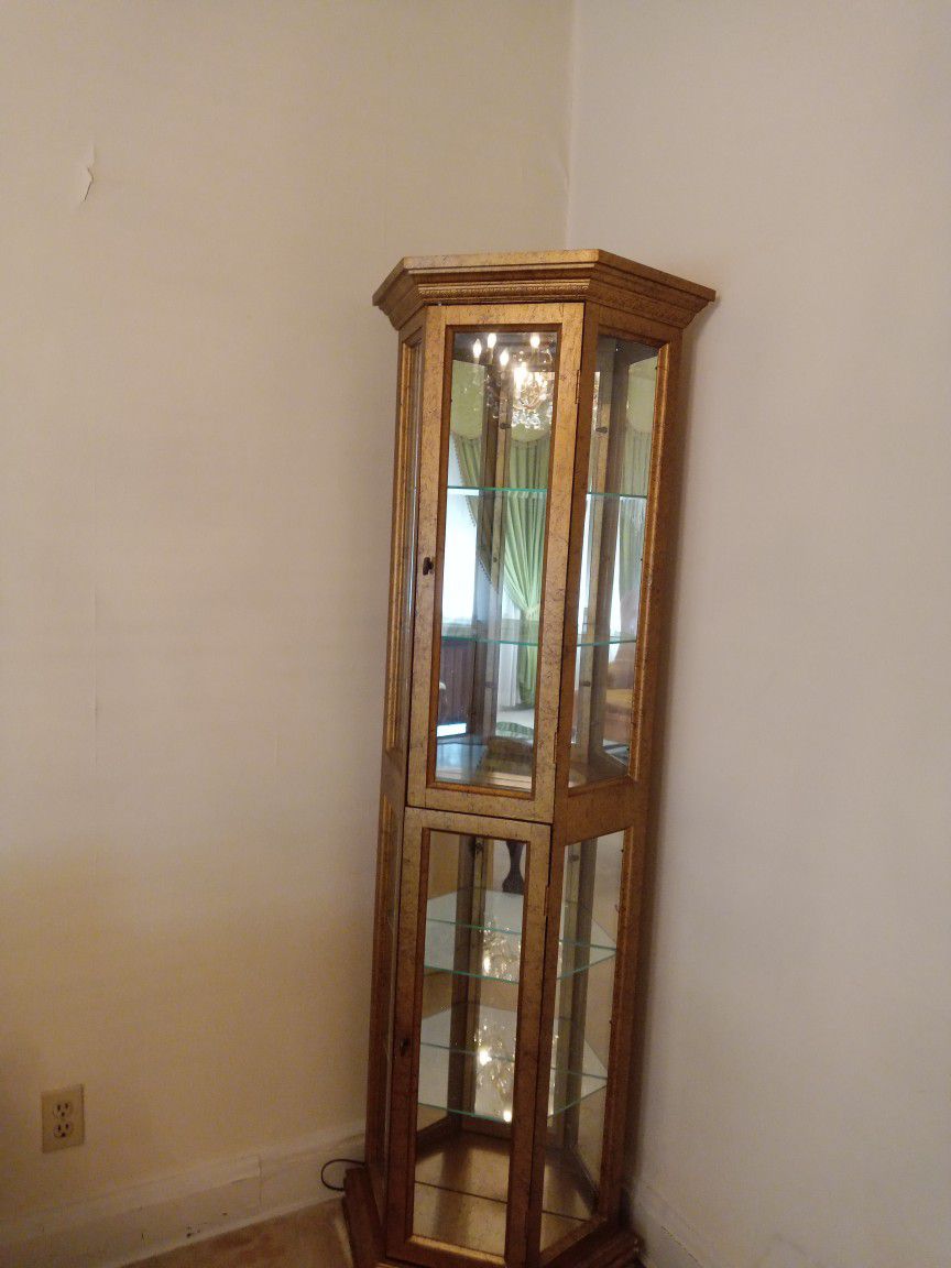 Solid Wood Display Case Glass Curio Corner Unit With Light 