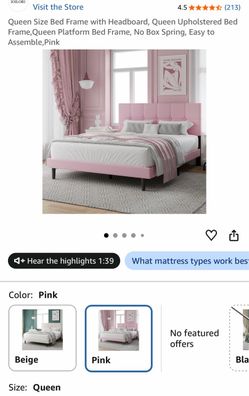 Queen Size Bed Frame with Headboard, Queen Upholstered Bed Frame,Queen Platform Bed Frame, No Box Spring, Easy to Assemble,Pink
