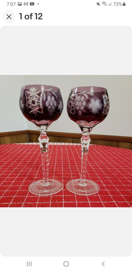 2 Ajka Bohemian Czech Style Cut To Clear Amethyst Purple Hock Balloon Wine Glasses