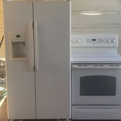 GE REFRIGERATOR WITH WATER AND ICE DISPENSER AND ELECTRIC STOVE, FREE DELIVERY AND INSTALLATION,  30 DAYS WARRANTY 