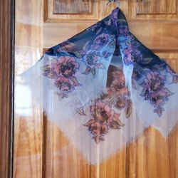 Vintage  New 1950's European nylon scarf, solid navy blue in the middle, pretty red flowers on all sides and then soft grey with a little fringe on al