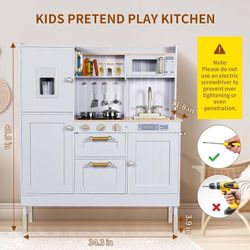 Play Kitchen for Kids, Pretend Preschool Kitchen Sets, Wooden Cooking Playset w/Realistic Light & Sound, Telephone, Stove, Fridge, Microwave, Removabl