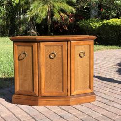 1970s American Pecan And Rattan Console Cabinet Table / Thomasville 