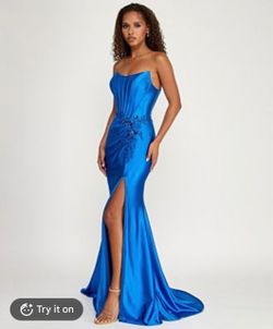 Blue Satin Strapless Corset Mermaid Gown