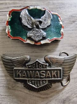 Vintage Motorcycle Belt Buckles - Harley Davidson & Kawasaki