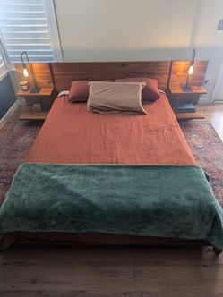 CB2 Andes Acacia Wood Platform Queen Bed with Nightstands