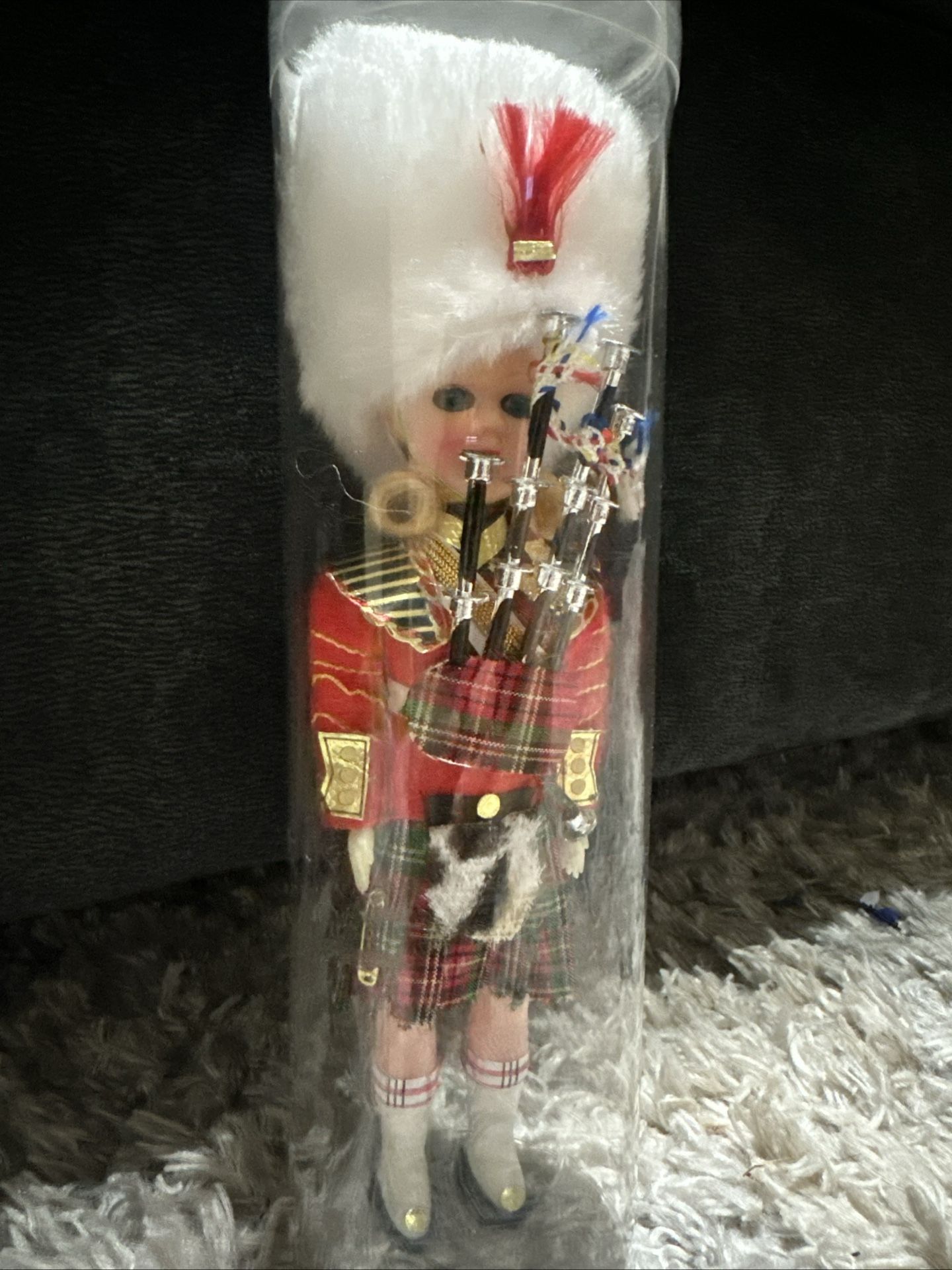 Vintage 1950's Scottish Doll~Bagpipes ~Sleepy Eye 8" Orig Plastic Cylinder Plaid