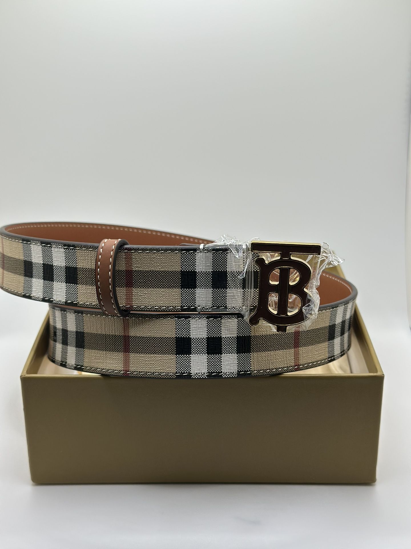 Burberry TB Vintage Check Leather Belt Vintage Check Light Gold